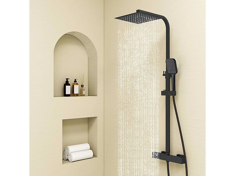 Colonna doccia con miscelatore termostatico, siffione doccia quadrato 25x25cm acciaio inox, nero