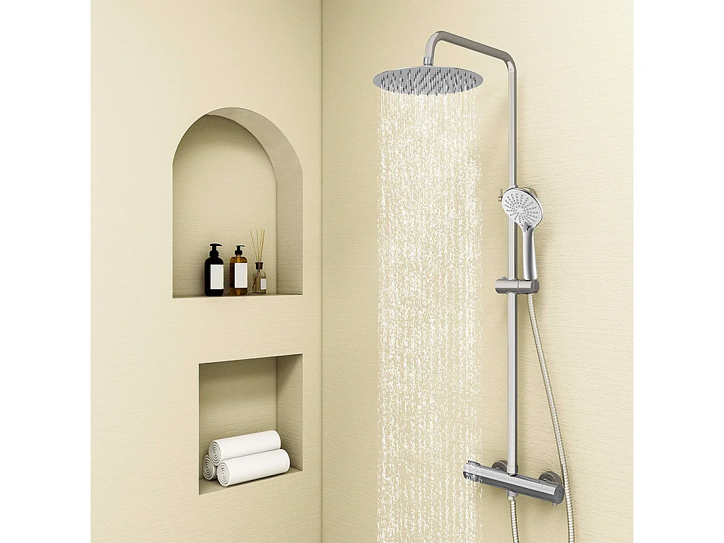 Colonna doccia con miscelatore termostatico, siffione doccia rotondo 25x25cm acciaio inox, cromato