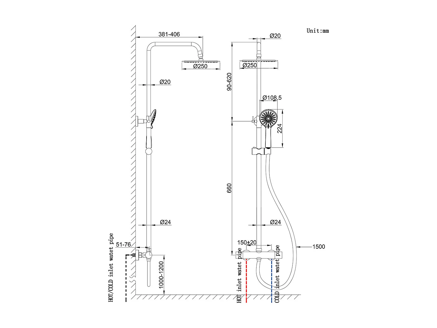 Colonna doccia con miscelatore termostatico, siffione doccia rotondo 25x25cm acciaio inox, cromato