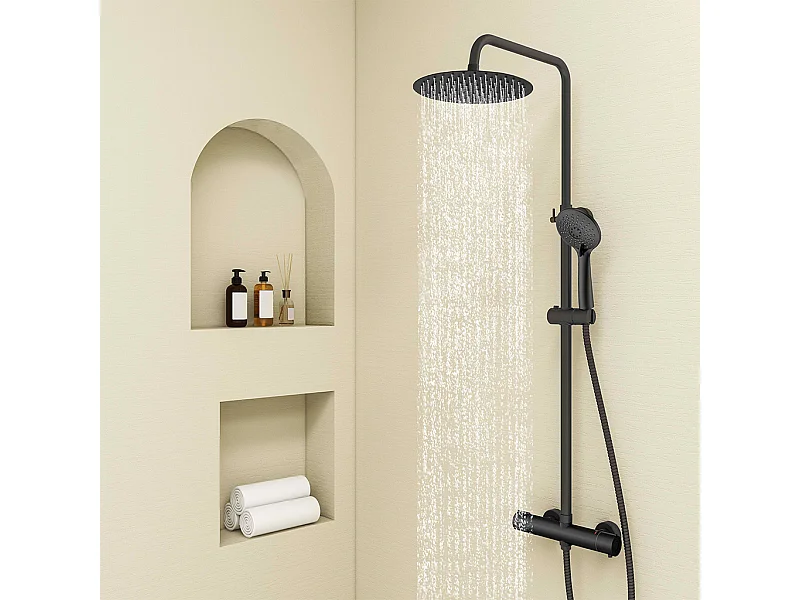 Colonna doccia con miscelatore termostatico, siffione doccia rotondo 25x25cm acciaio inox, nero