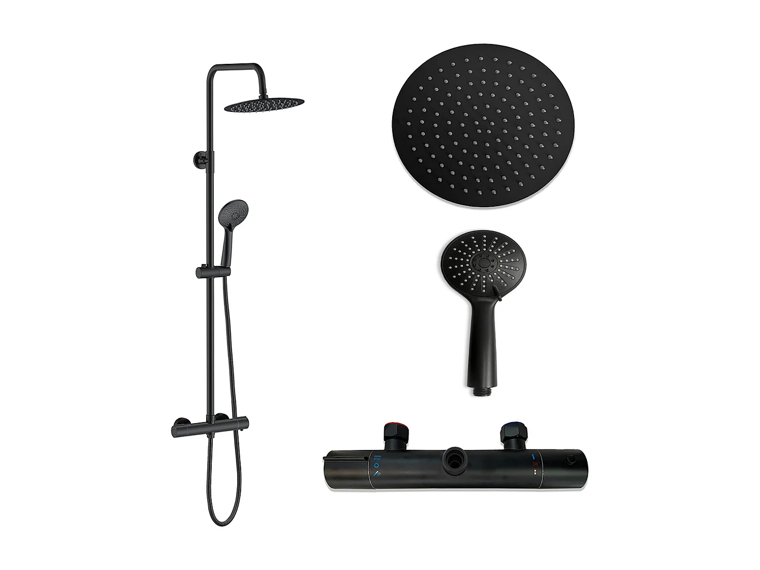 Colonna doccia con miscelatore termostatico, siffione doccia rotondo 25x25cm acciaio inox, nero