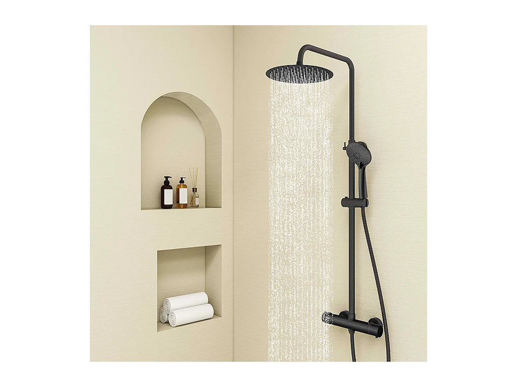 Colonna doccia con miscelatore termostatico, siffione doccia rotondo 25x25cm acciaio inox, nero