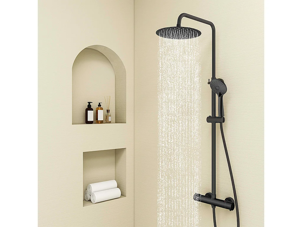 Colonna doccia con miscelatore termostatico, siffione doccia rotondo 25x25cm acciaio inox, nero