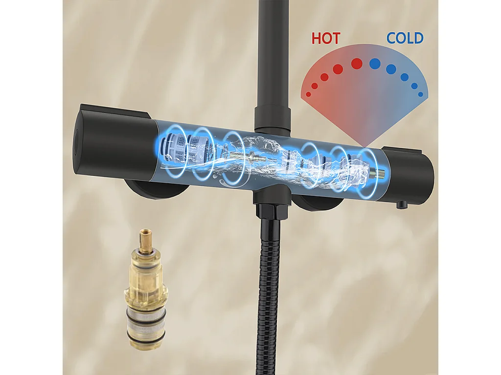 Colonna doccia con miscelatore termostatico, siffione doccia rotondo 25x25cm acciaio inox, nero