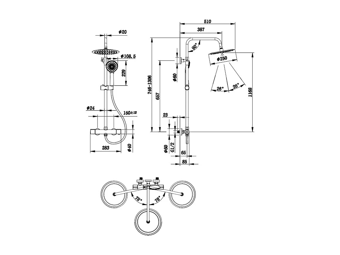 Colonna doccia con miscelatore termostatico, siffione doccia rotondo 25x25cm acciaio inox, nero