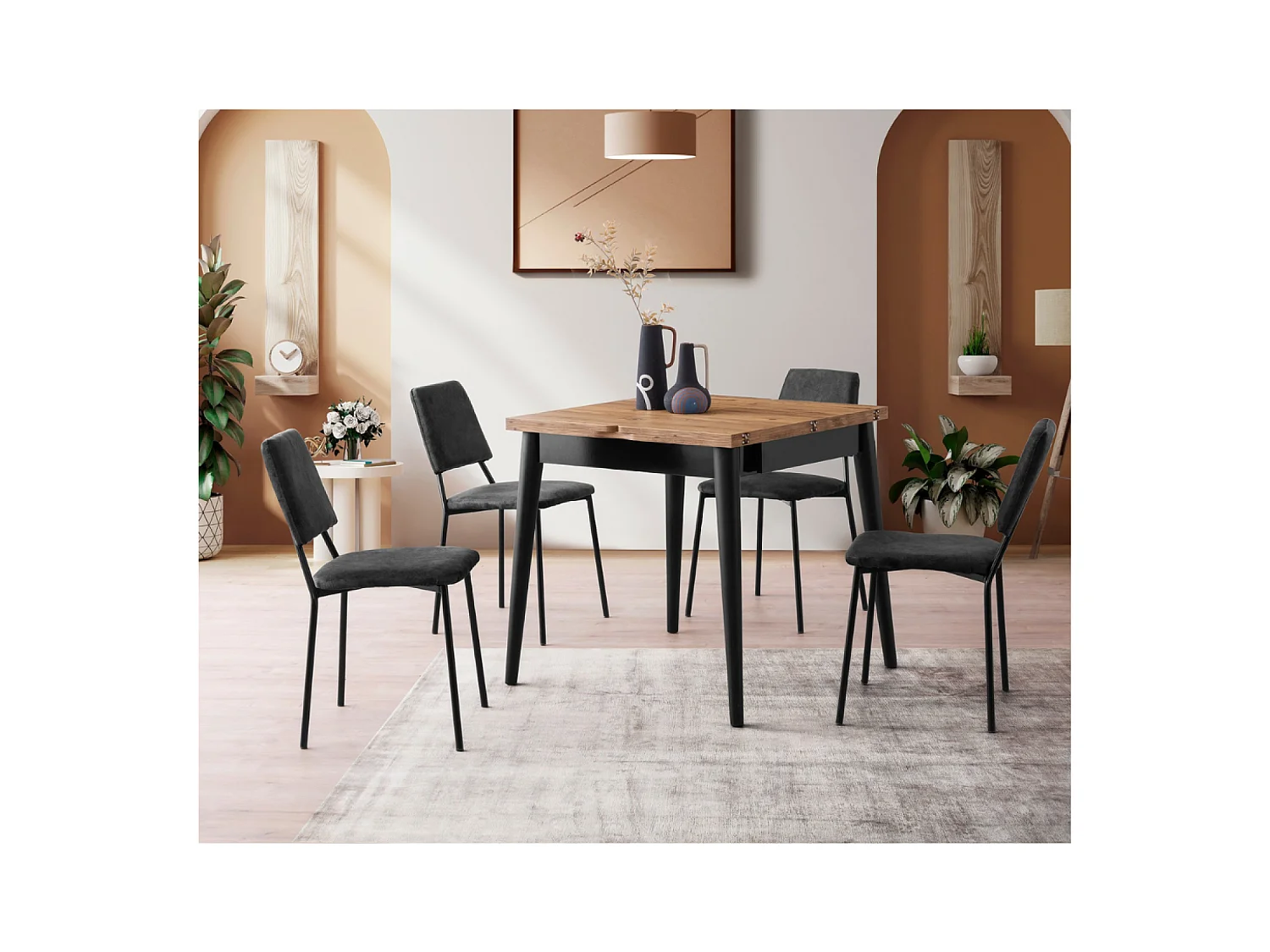 Uitschuifbare eettafel voor 4 personen in zwart marmer effect 80 cm industriële stijl