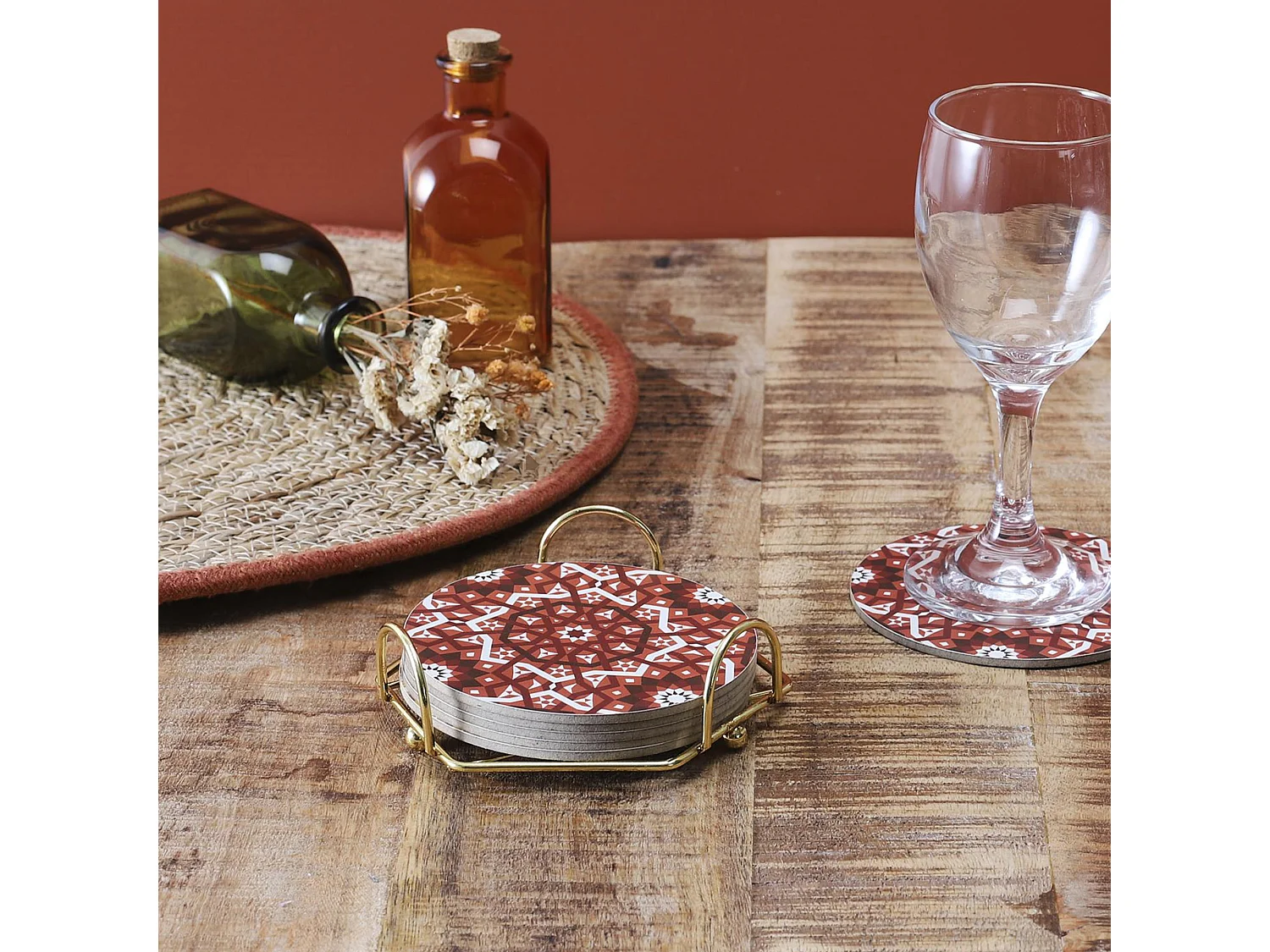 Lot de 6 dessous de verre en bois avec son support en métal 10 cm MEDINA marron