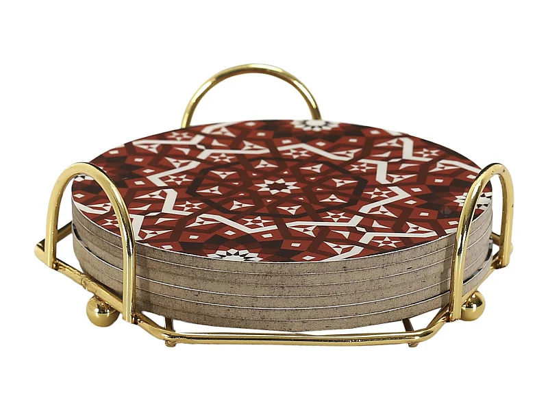 Lot de 6 dessous de verre en bois avec son support en métal 10 cm MEDINA marron