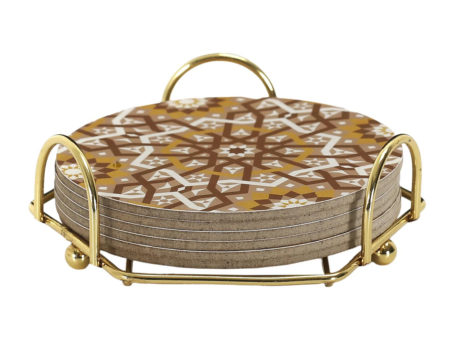 Lot de 6 dessous de verre en bois avec son support en métal 10 cm MEDINA ocre