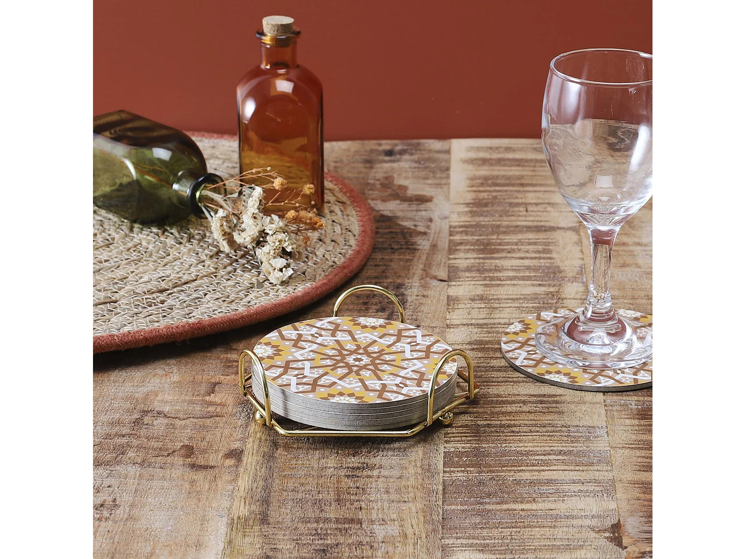 Lot de 6 dessous de verre en bois avec son support en métal 10 cm MEDINA ocre