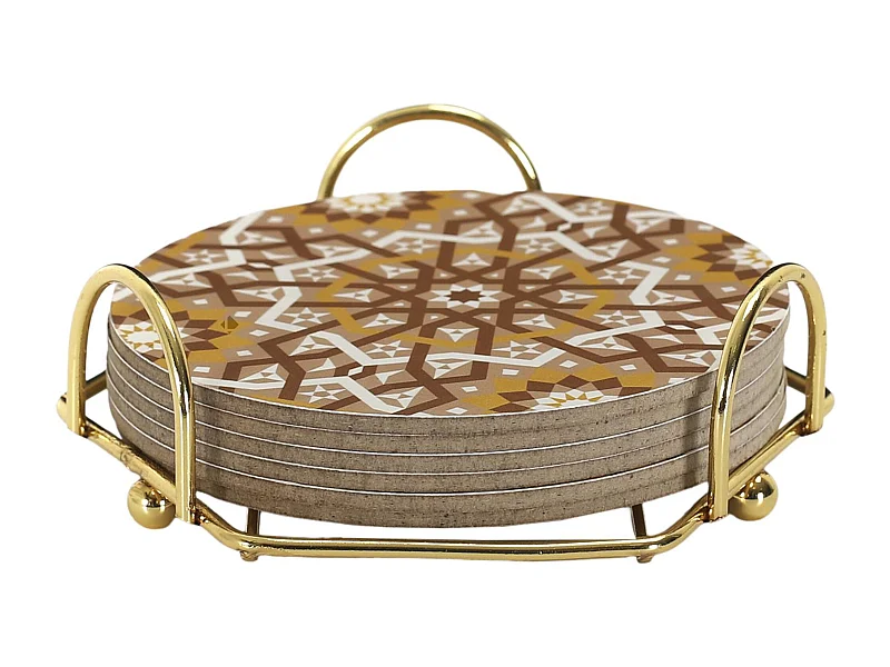 Lot de 6 dessous de verre en bois avec son support en métal 10 cm MEDINA ocre