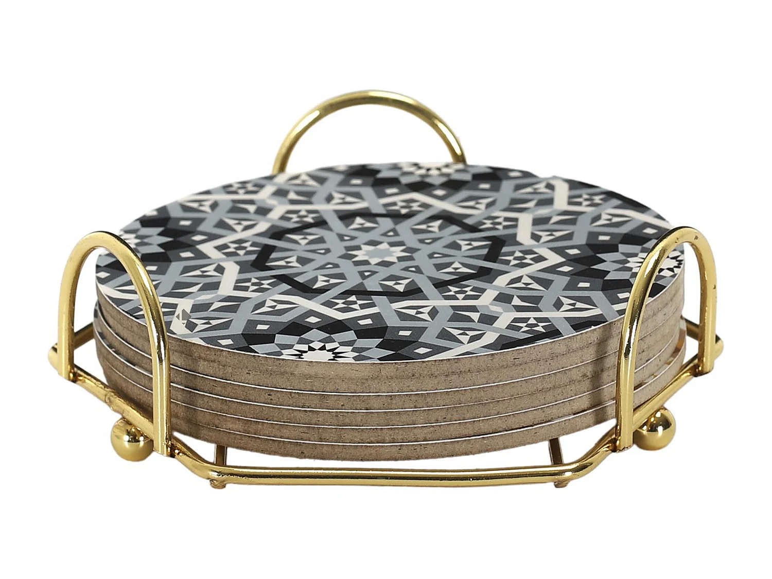 Lot de 6 dessous de verre en bois avec son support en métal 10 cm MEDINA gris