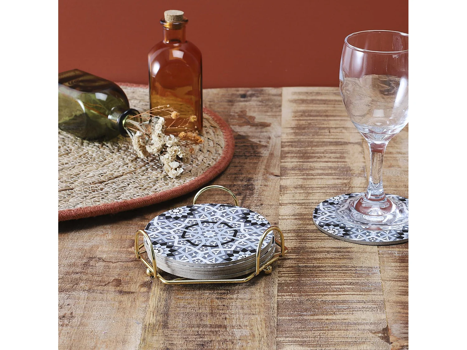 Lot de 6 dessous de verre en bois avec son support en métal 10 cm MEDINA gris