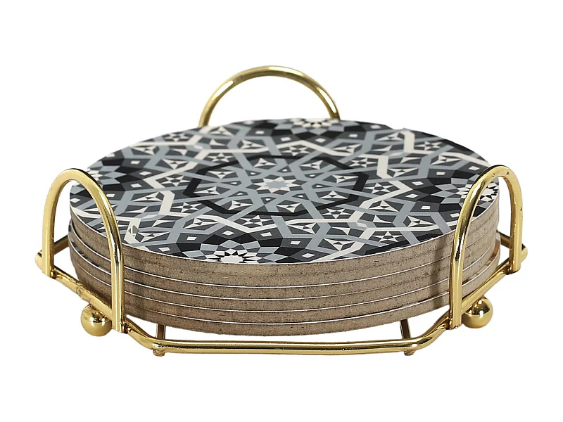 Lot de 6 dessous de verre en bois avec son support en métal 10 cm MEDINA gris