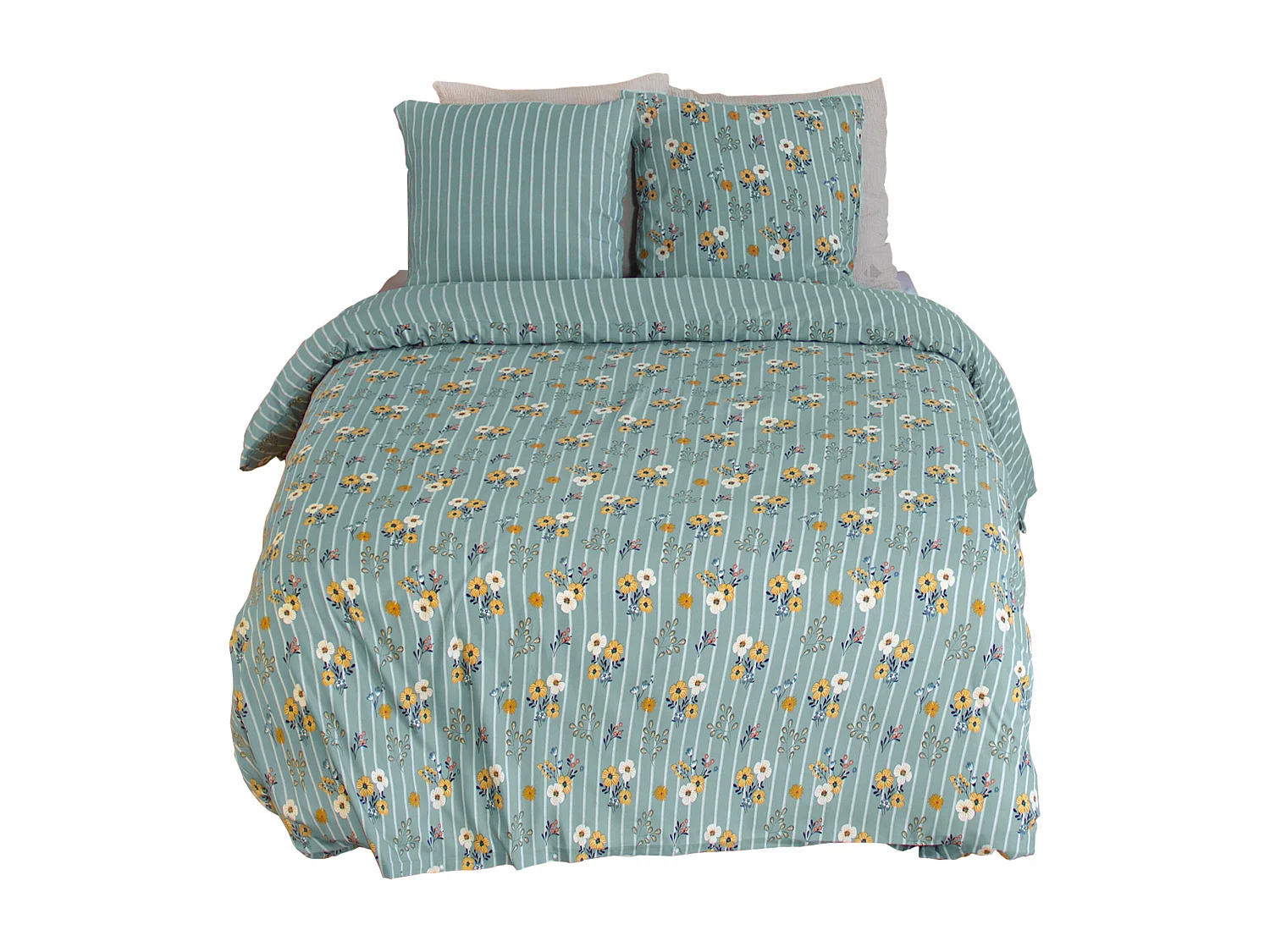 Parure de lit 240x220 cm FLORINETTE microfibre à rayures motif florale