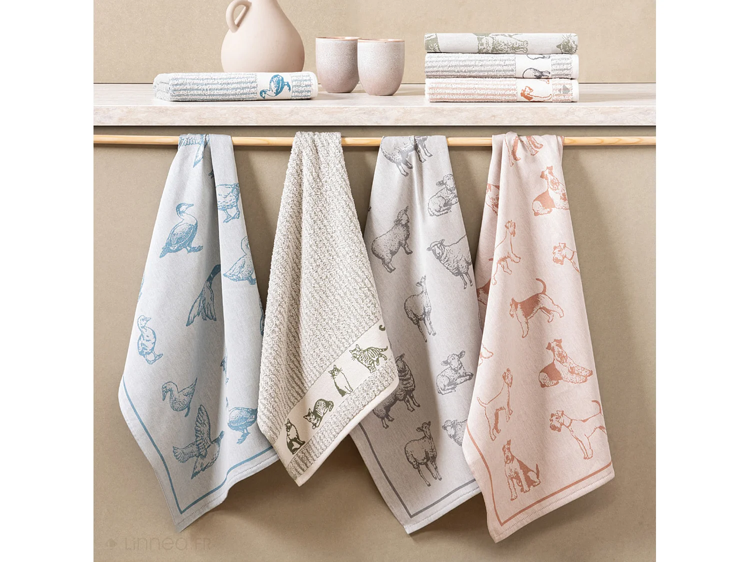 Lot de 2 torchons de cuisine 50x70 cm coton FRIENDS motif chats vert