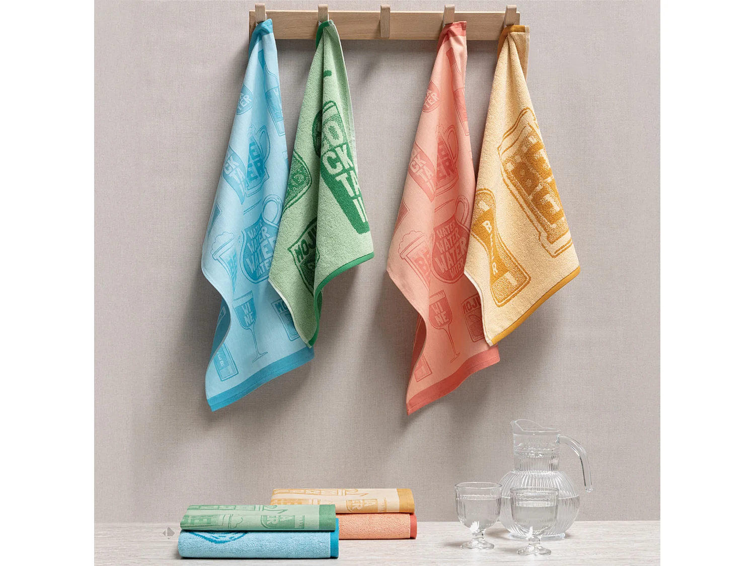 Lot de 2 torchons de cuisine toile DRINK 50x70 cm jaune Moutarde