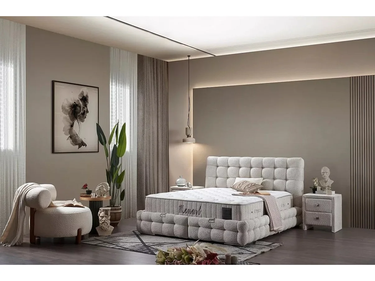 Letto Monart/160x200/materasso incluso/rivestimento in tessuto bouclé/beige