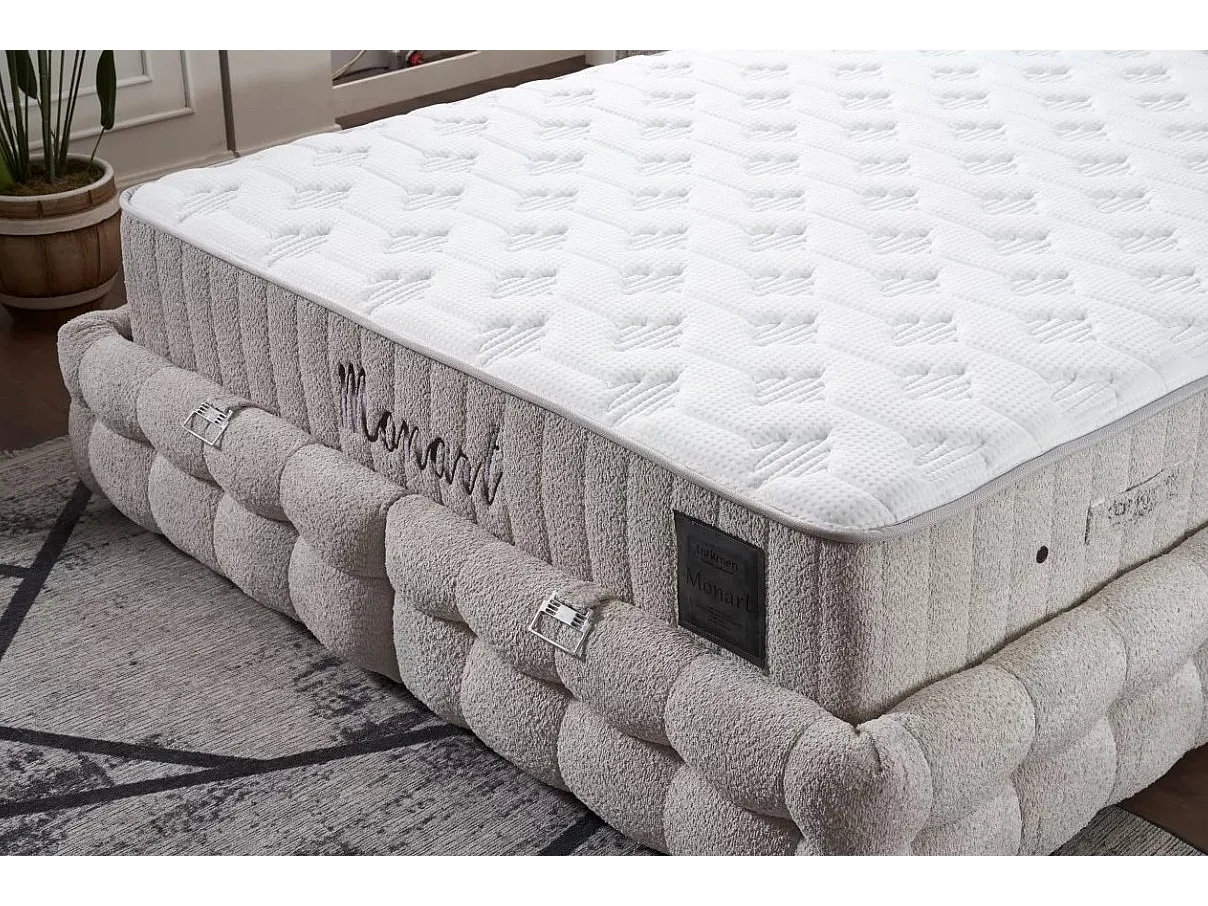 Letto Monart/160x200/materasso incluso/rivestimento in tessuto bouclé/beige