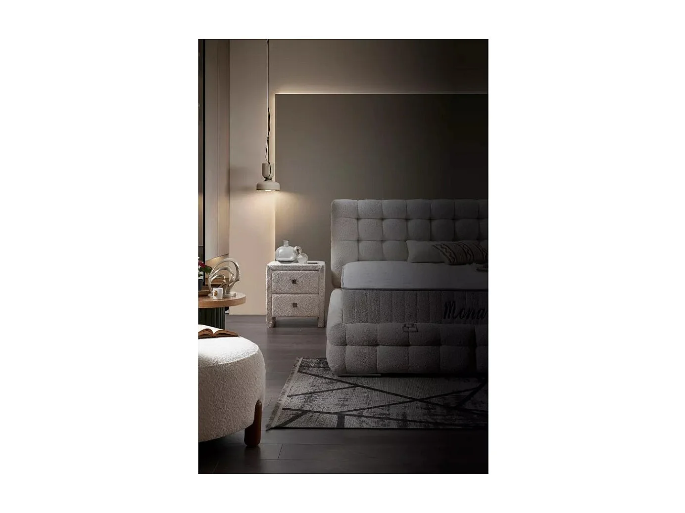 Letto Monart/160x200/materasso incluso/rivestimento in tessuto bouclé/beige