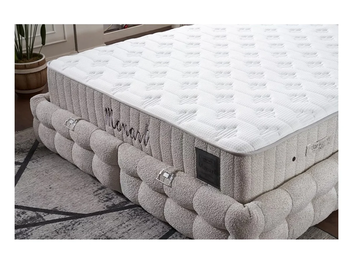 Letto Monart/160x200/materasso incluso/rivestimento in tessuto bouclé/beige
