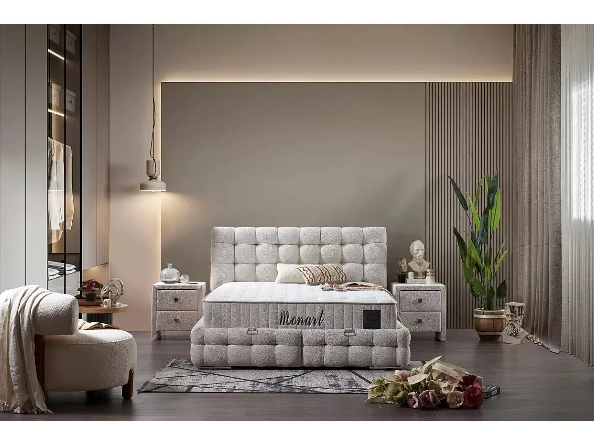 Lit Monart/160x200/matelas inclus/housse tissu-boucle/beige