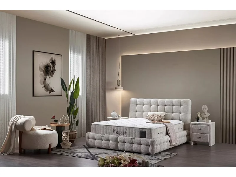 Lit Monart/160x200/matelas inclus/housse tissu-boucle/beige