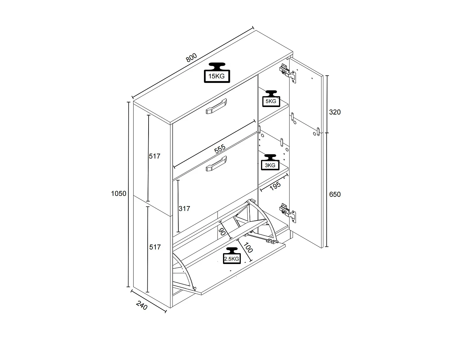 Shoe cabinet Halom Anthracite H. 105 x W. 80 x D. 24 cm
