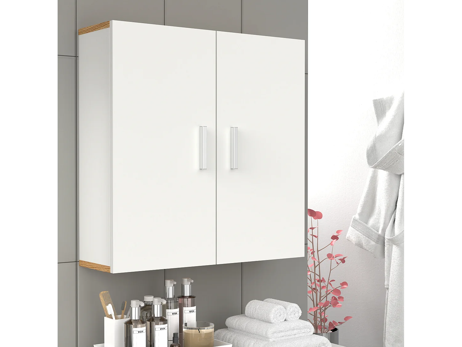 Bathroom furniture wall cabinet Landos White / Honey oak H. 60 x W. 60 x D. 18 cm