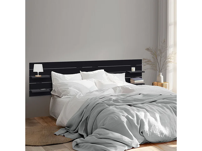 DHOME Tête de lit avec étagères en bois recyclé DM Tenture murale horizontale Style palette Lit nordique vintage (290 cm Noir massif)