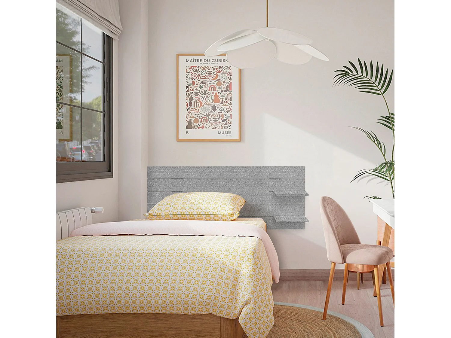 Cabeceira DHOME com prateleiras de madeira reciclada DM suspensa na parede estilo palete horizontal cama vintage nórdica (espinhos cinza de 135 cm)