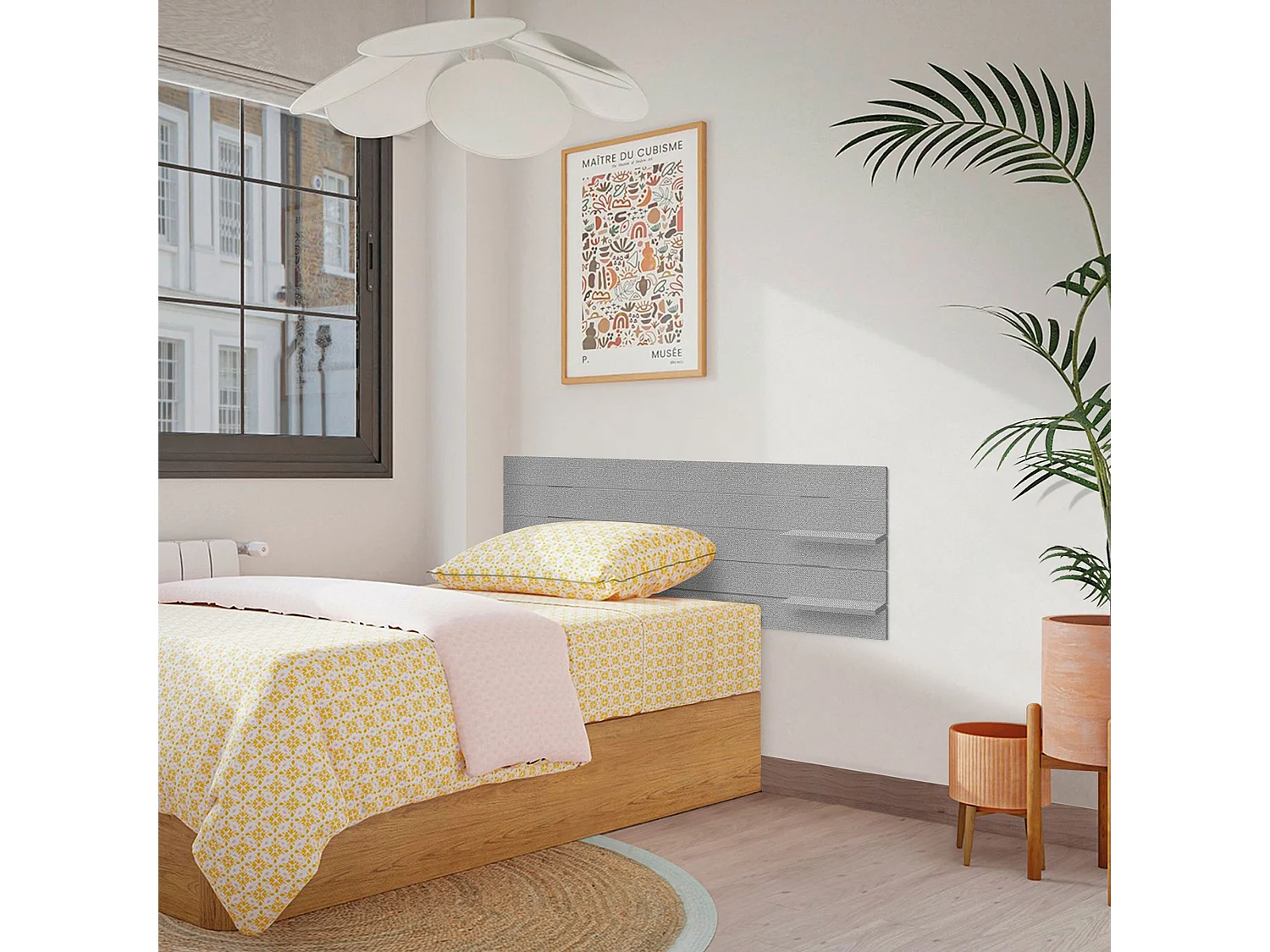 DHOME Kopfteil mit Regalen aus recyceltem Holz, DM-Wandbehang, horizontales Paletten-Stil, nordisches Vintage-Bett (145 cm graue Spitzen)