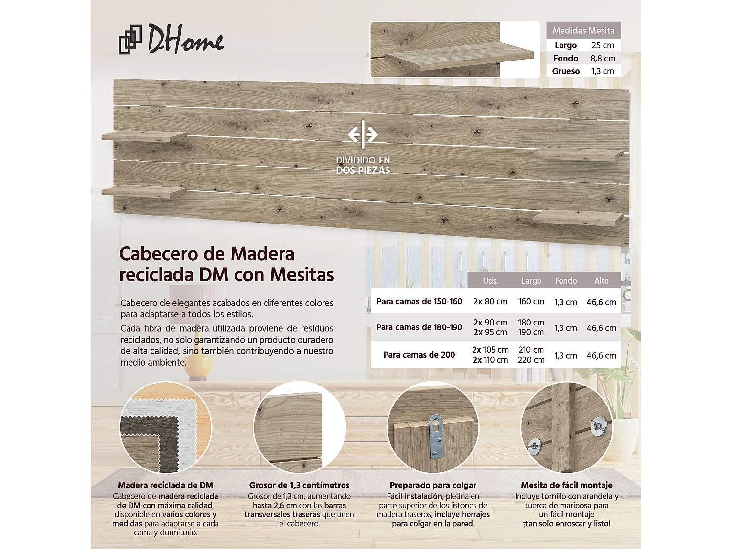 DHOME Tête de lit avec étagères en bois recyclé DM Tenture murale horizontale Style palette Lit nordique vintage (chêne 220 cm)