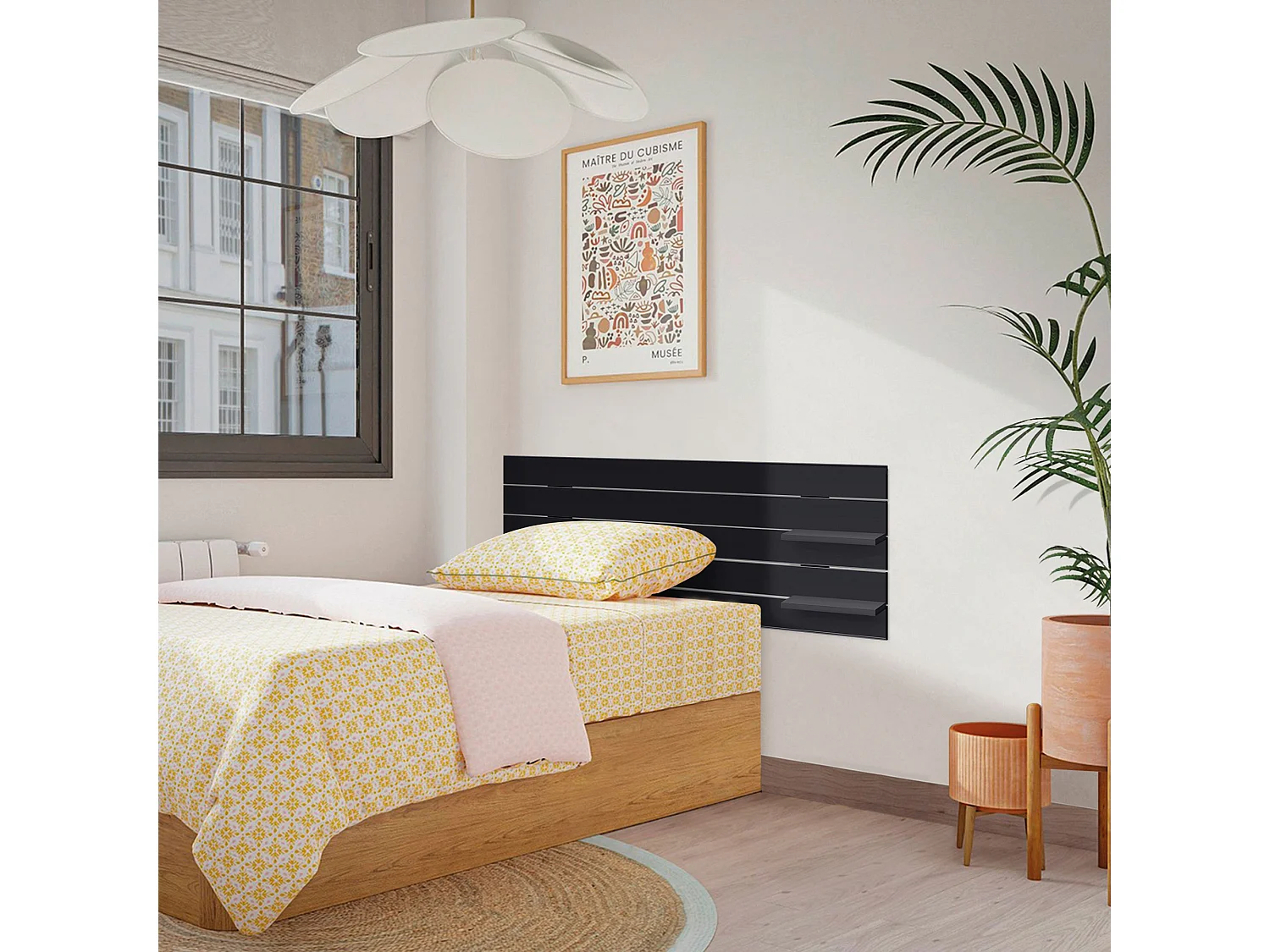 DHOME Hoofdbord met planken van gerecycled hout DM Muurhangend Horizontaal palletstijl Scandinavisch vintage bed (145 cm effen zwart)