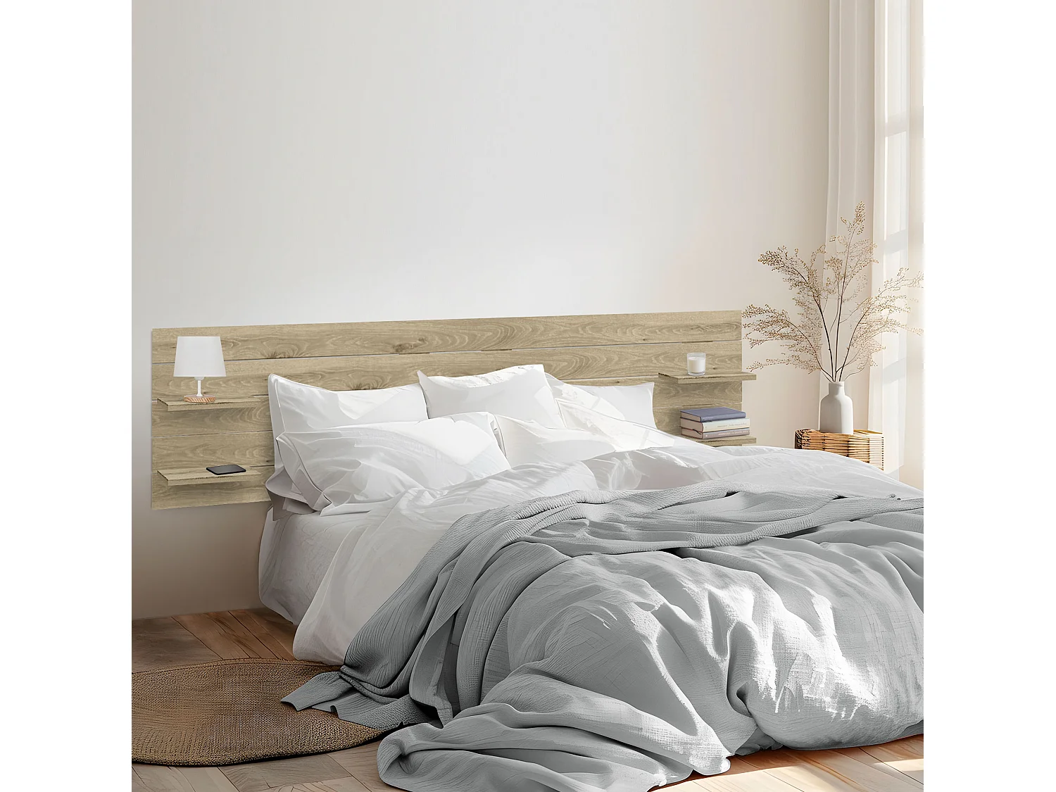 Cabeceira DHOME com prateleiras de madeira reciclada DM suspensa na parede estilo palete horizontal cama vintage nórdica (madeira cambriana de 290 cm)