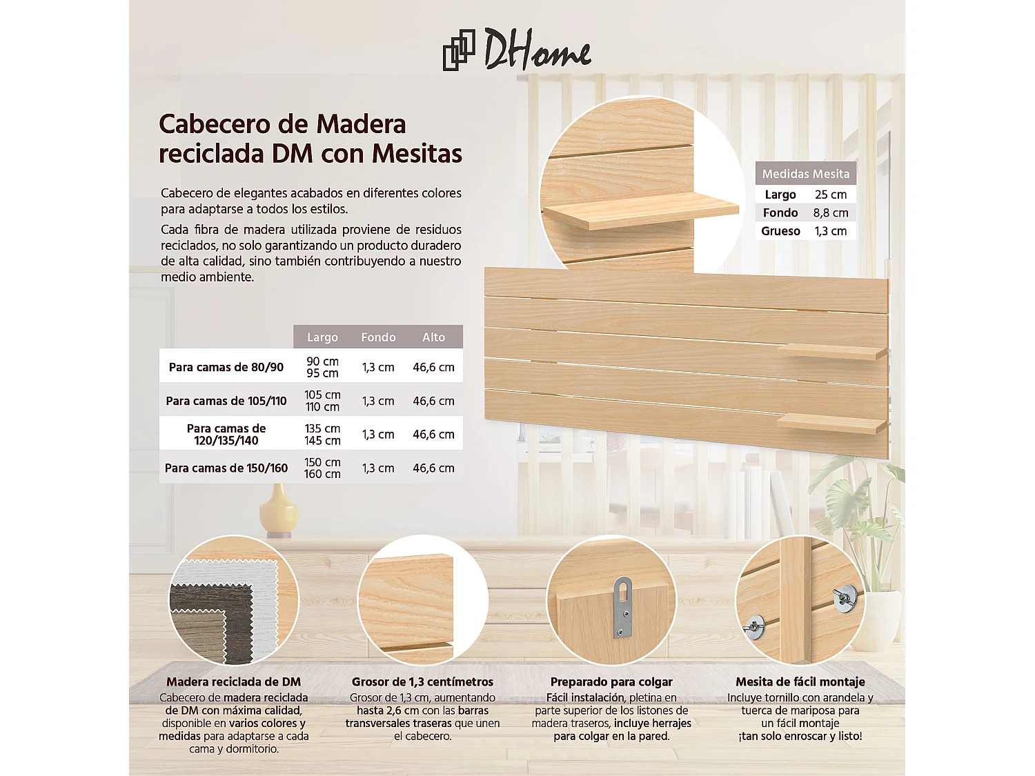 Cabeceira DHOME com prateleiras de madeira reciclada DM suspensa na parede estilo palete horizontal cama vintage nórdica (madeira natural de 145 cm)