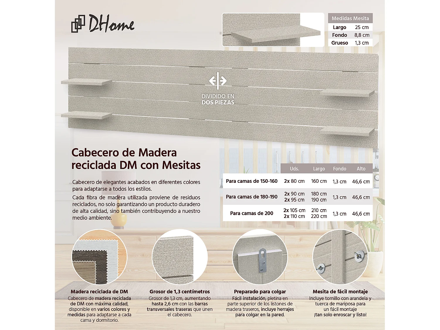 DHOME Tête de lit avec étagères en bois recyclé DM Tenture murale horizontale Style palette Lit nordique vintage (pointes beiges 290 cm)