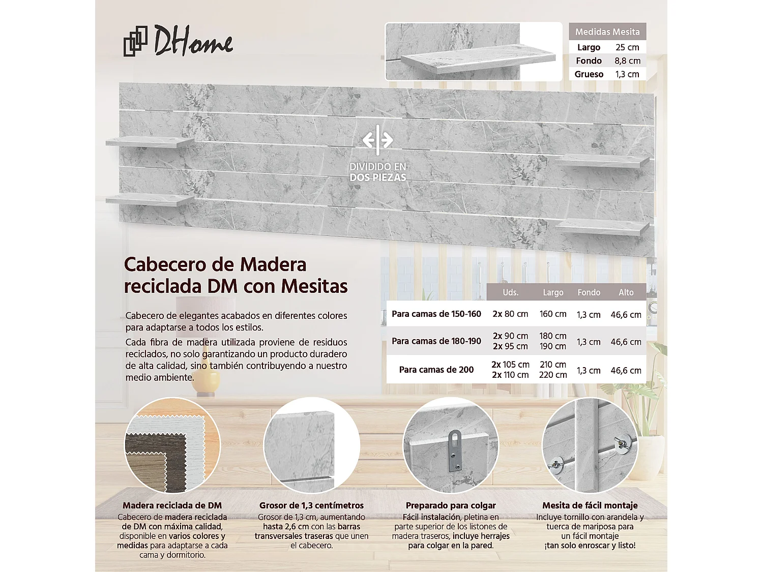 Cabeceira DHOME com prateleiras de madeira reciclada DM suspensa na parede estilo palete horizontal cama vintage nórdica (acabamento em mármore de 290 cm)