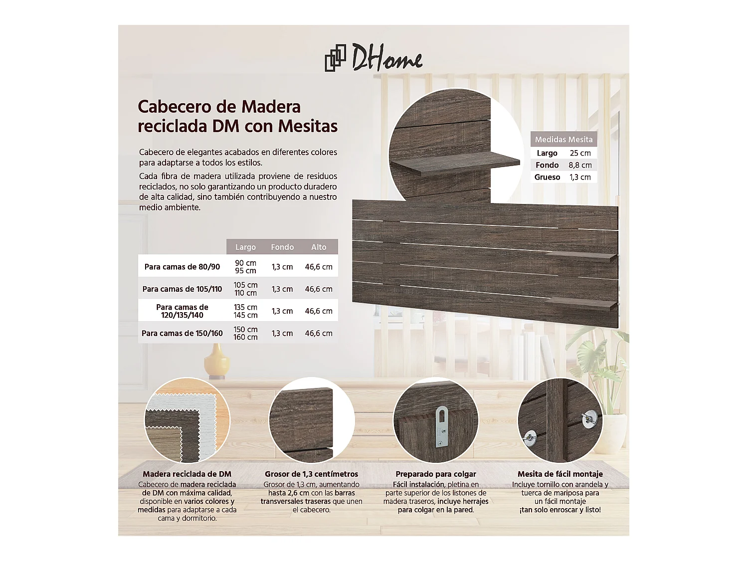 DHOME Hoofdbord met planken van gerecycled hout DM Muurhangend Horizontaal Palletstijl Scandinavisch Vintage Bed (145cm Amazon Oak)