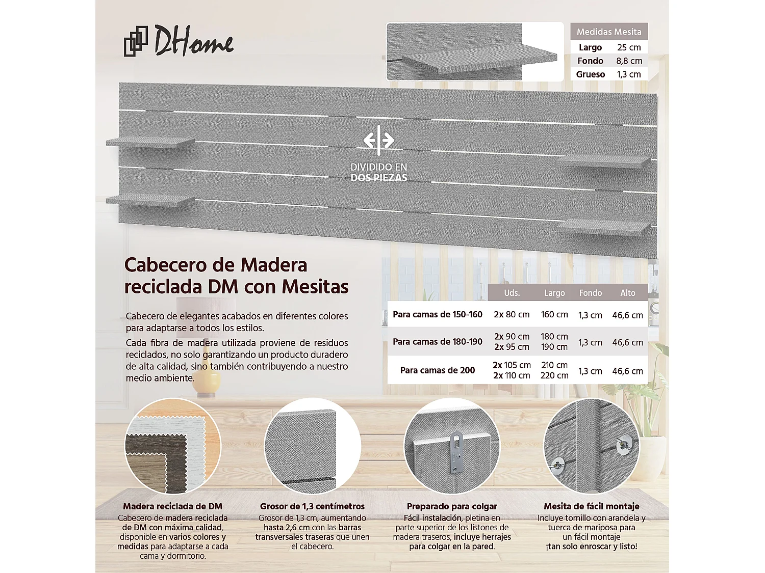 Cabeceira DHOME com prateleiras de madeira reciclada DM suspensa na parede estilo palete horizontal cama vintage nórdica (espinhos cinza de 270 cm)