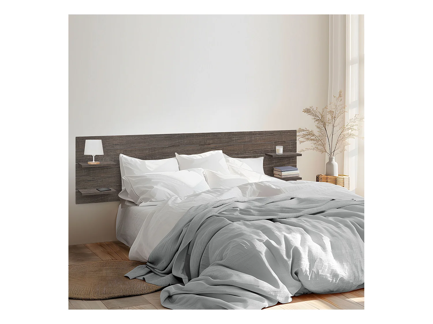 DHOME Tête de lit avec étagères en bois recyclé DM Tenture murale horizontale Style palette Lit nordique vintage (220 cm Chêne d'Amazonie)
