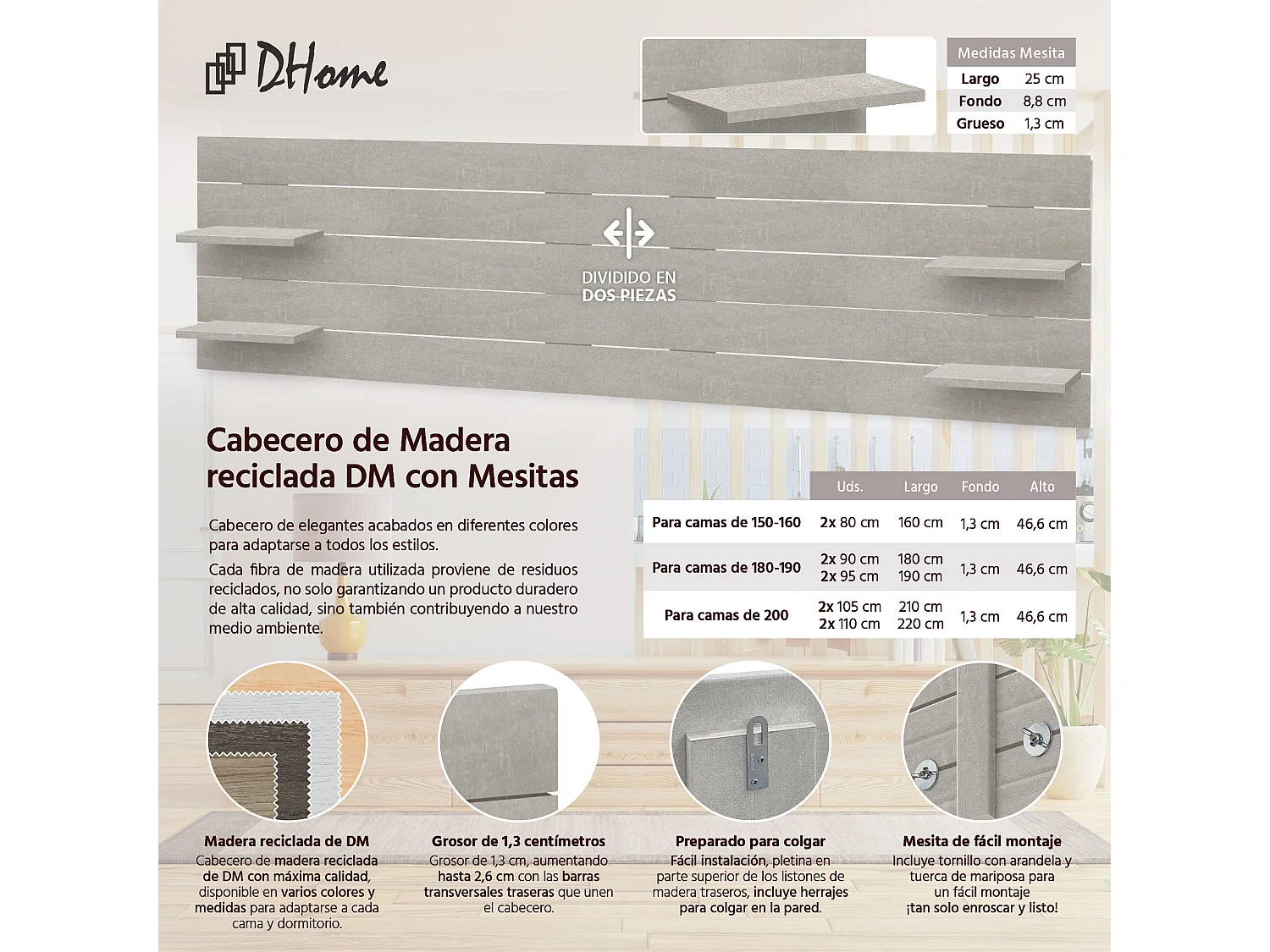 DHOME Tête de lit avec étagères en bois recyclé DM Tenture murale horizontale Style palette Lit nordique vintage (gris tribal 270 cm)