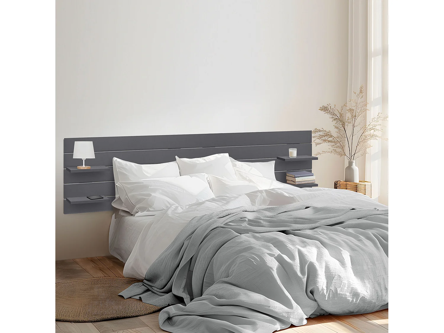 DHOME Tête de lit avec étagères en bois recyclé DM Tenture murale horizontale Style palette Lit nordique vintage (210 cm Gris massif)