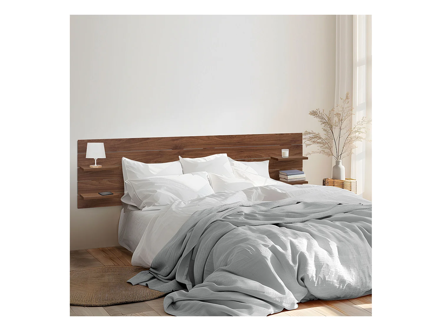 DHOME Tête de lit avec étagères en bois recyclé DM Tenture murale horizontale Style palette Lit nordique vintage (bois de noyer 290 cm)