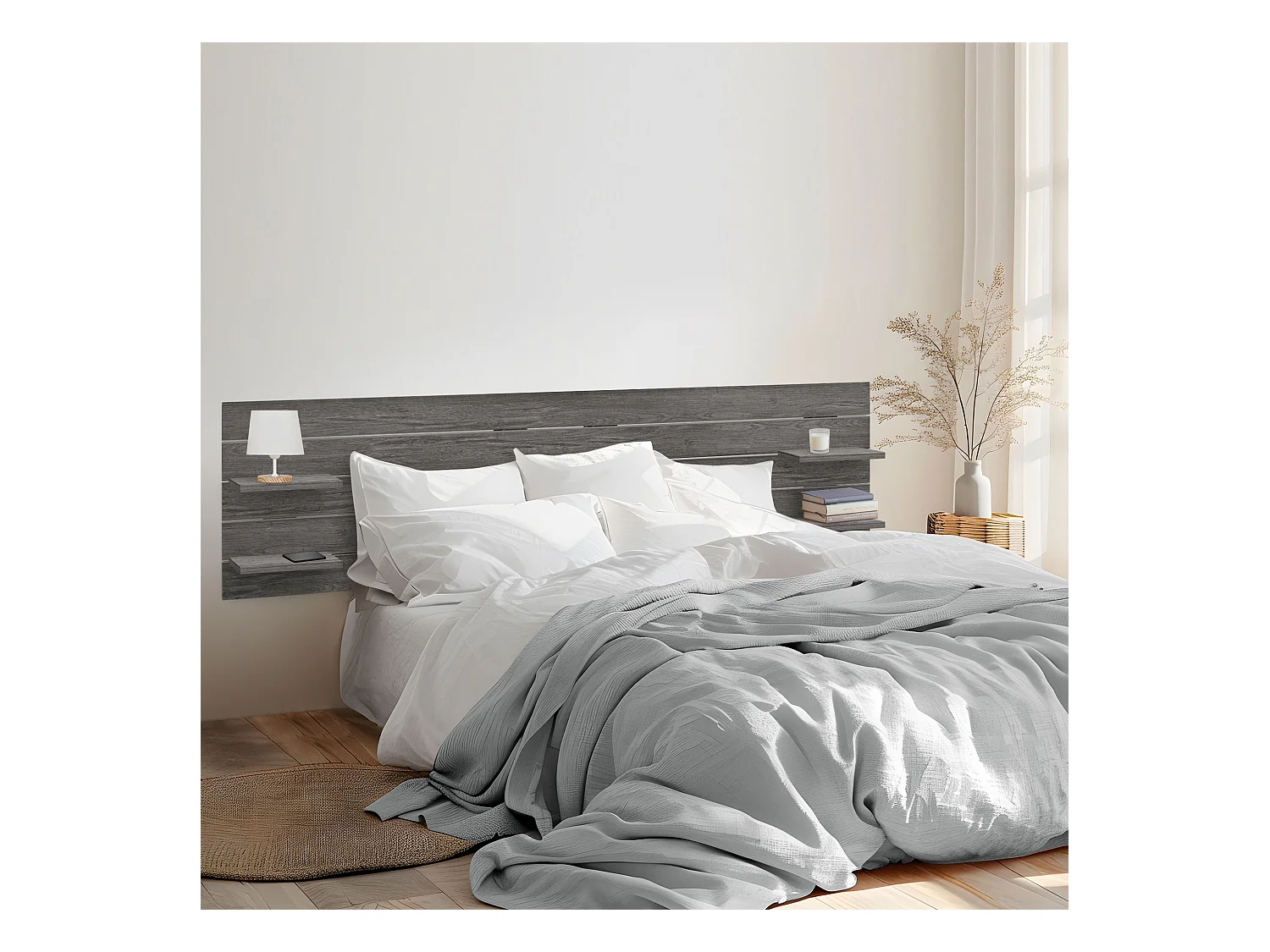 DHOME Tête de lit avec étagères en bois recyclé DM Tenture murale horizontale Style palette Lit nordique vintage (bois de frêne 290 cm)