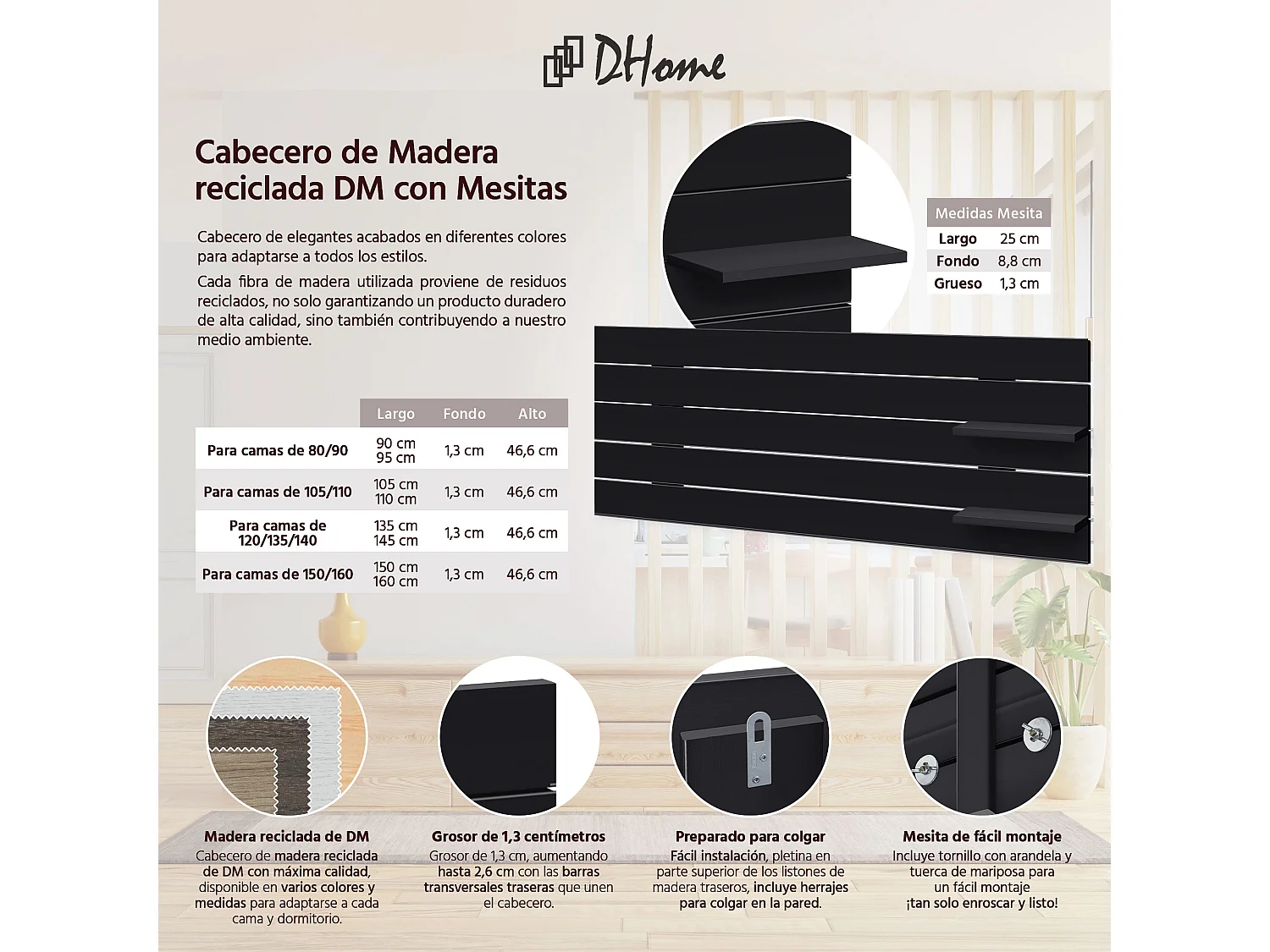 DHOME Tête de lit avec étagères en bois recyclé DM Tenture murale horizontale Style palette Lit nordique vintage (160 cm Noir massif)