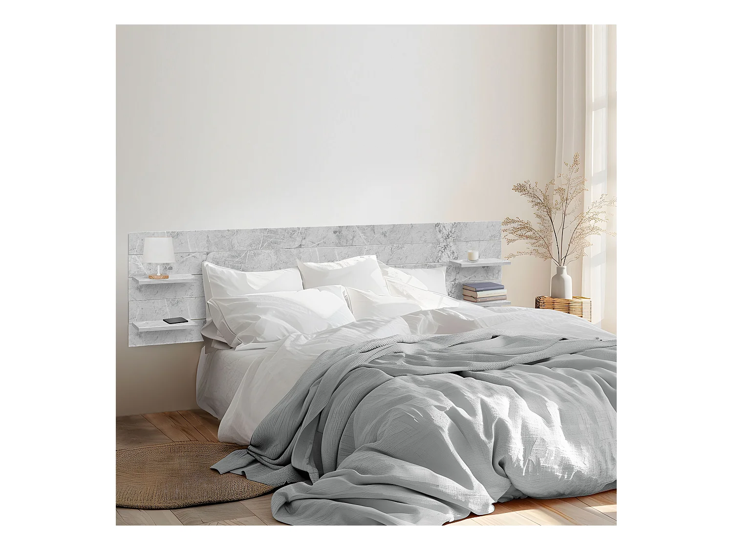 DHOME Tête de lit avec étagères en bois recyclé DM Tenture murale horizontale Style palette Lit nordique vintage (finition marbre 270 cm)