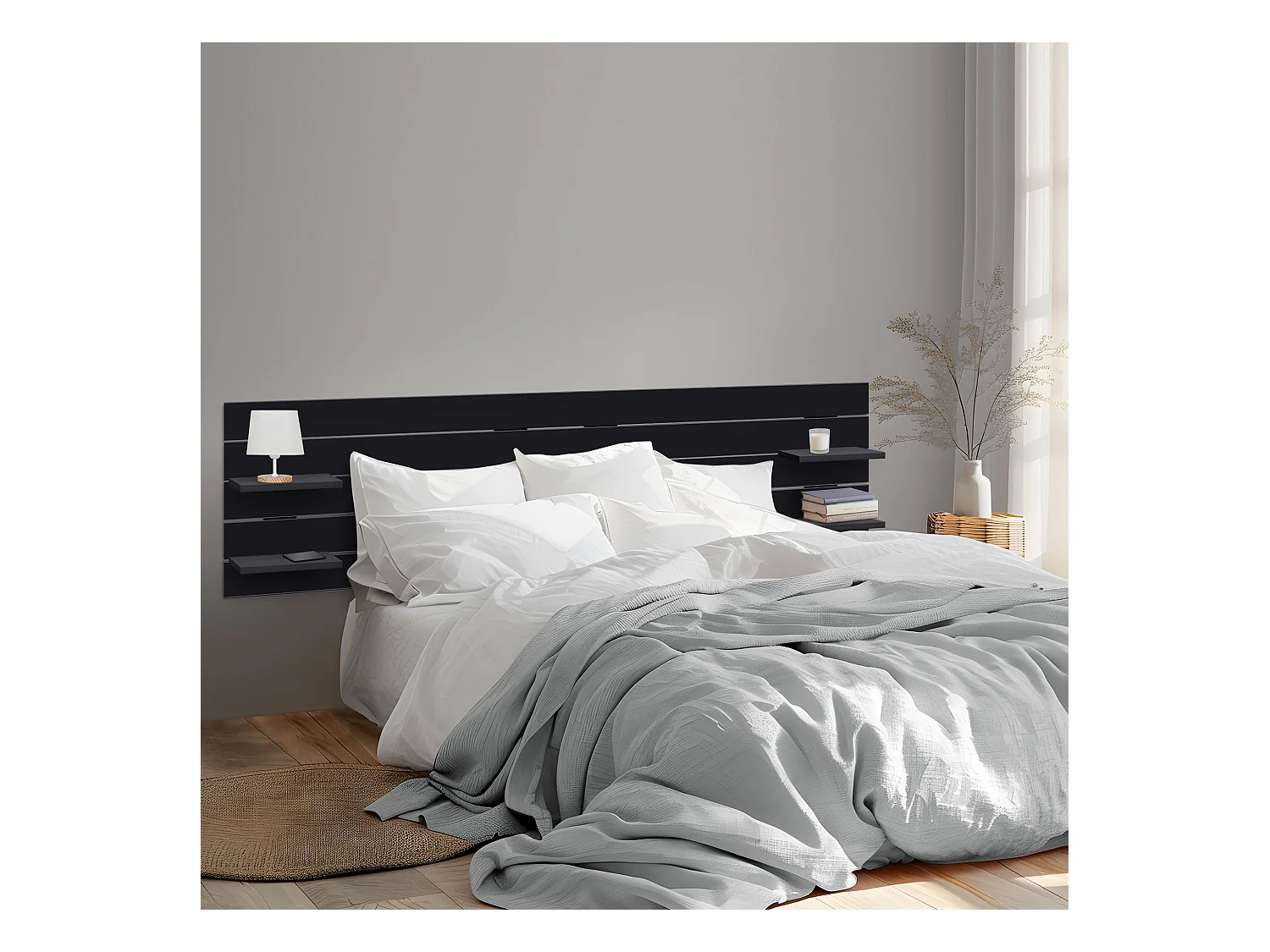 DHOME Tête de lit avec étagères en bois recyclé DM Tenture murale horizontale Style palette Lit nordique vintage (270 cm Noir massif)