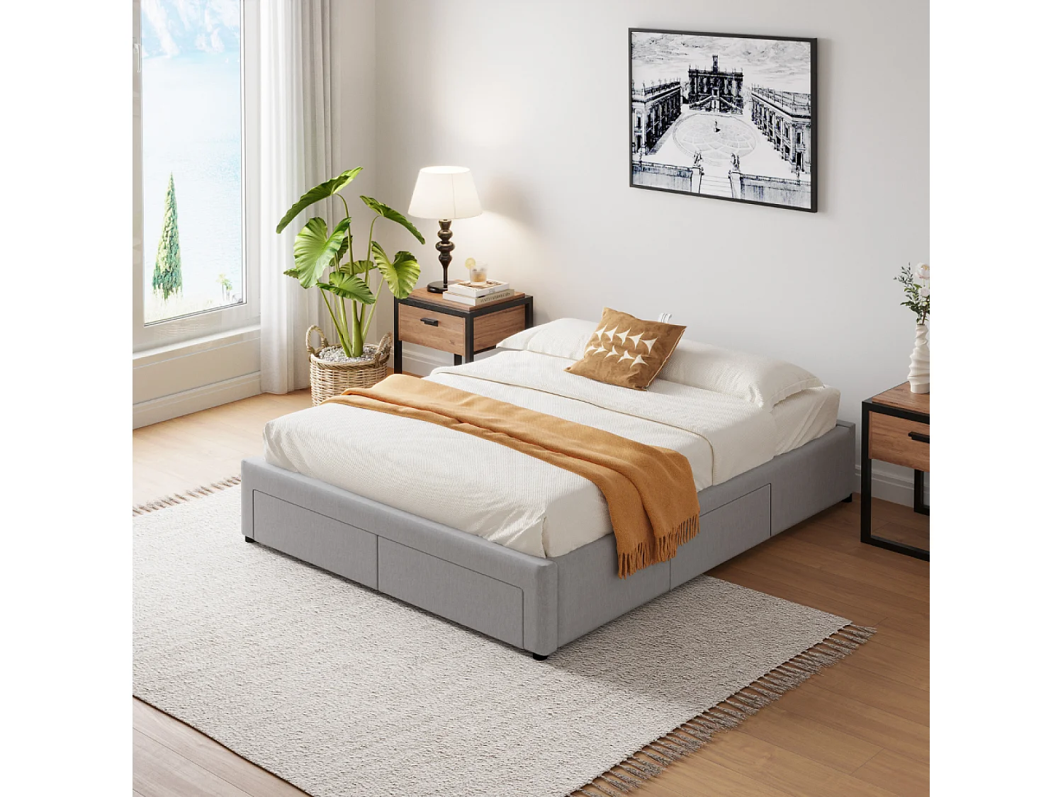 Eigentijds bed met laden SACRAMENTO - 160x200 - grijs, Elegant en Functioneel
