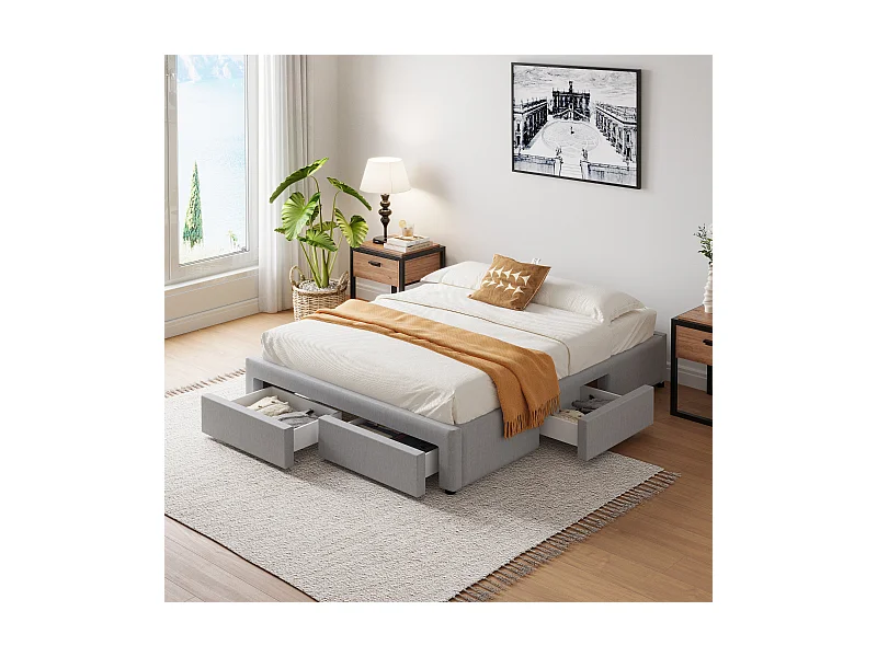 Zeitgenössisches Bett mit Schubladen SACRAMENTO - 140x190 - grau mit 4 Schubladen und stabilem Polywood-Rahmen